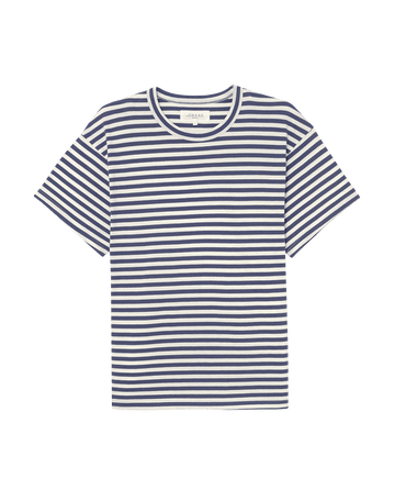 The Men's Boxy Crew t-shirt in Vintage Blue Stripe by THE GREAT. SP25 POLO LOUNGE MEN features short sleeves against a plain background.