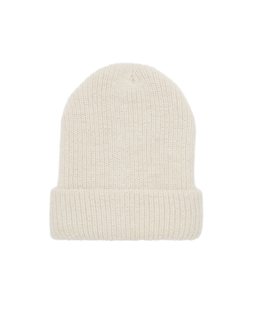 The Natural Alpaca Beanie in Cream by THE GREAT. HOL 24 BIRKENSTOCK features a natural beige ribbed knit and a folded brim, showcased on a clean white background.