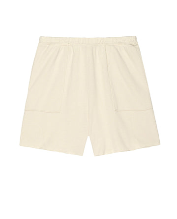 A pair of washed white sweat shorts by THE GREAT. SU24 BIRKENSTOCK featuring an elastic waistband and two convenient patch pockets, known as The Patch Pocket Sweat Short.