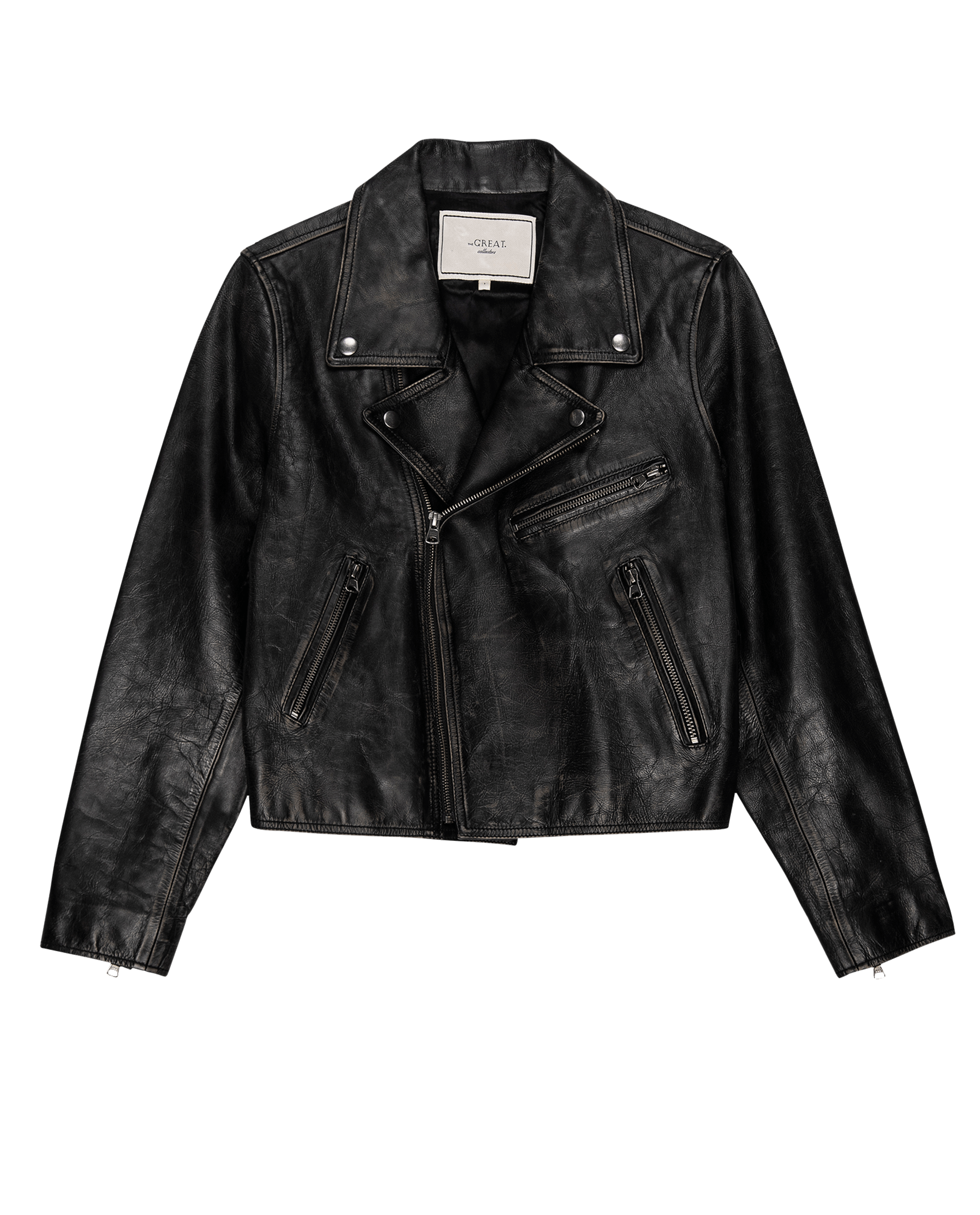 The Perfect Leather Jacket. -- Worn Black JACKET THE GREAT. FALL 24 COLLECTORS