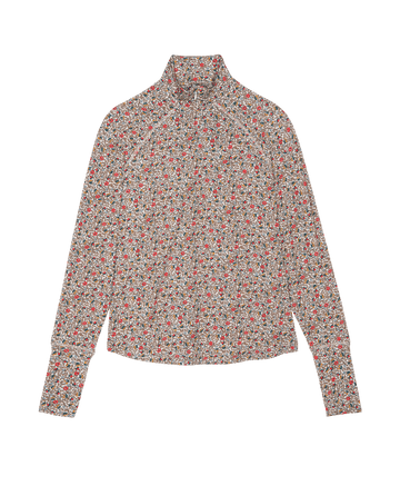 The Quarter Zip Trail Pullover by THE GREAT. SP26 TGO features a sprouting floral print in red, green, and black on a light background—perfect for layering on your outdoor adventures.