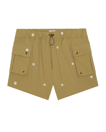 THE GREAT. SP26 TGO Embroidered Cargo Short in khaki features cream daisy embroidery, elastic waistband with drawstring, and side flap pockets, shown on a plain white background.