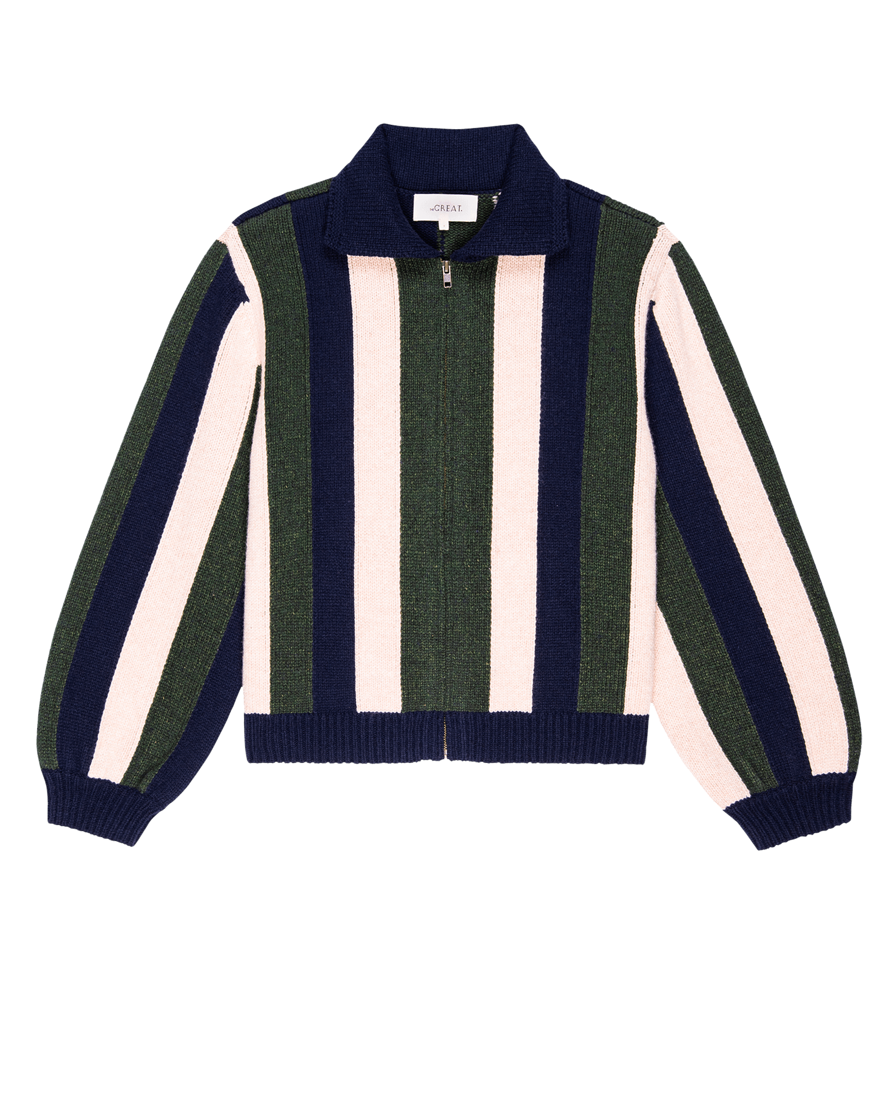 The Zip Front Cardigan. -- Olive Vine Stripe SWEATERS THE GREAT. FALL 24 D1