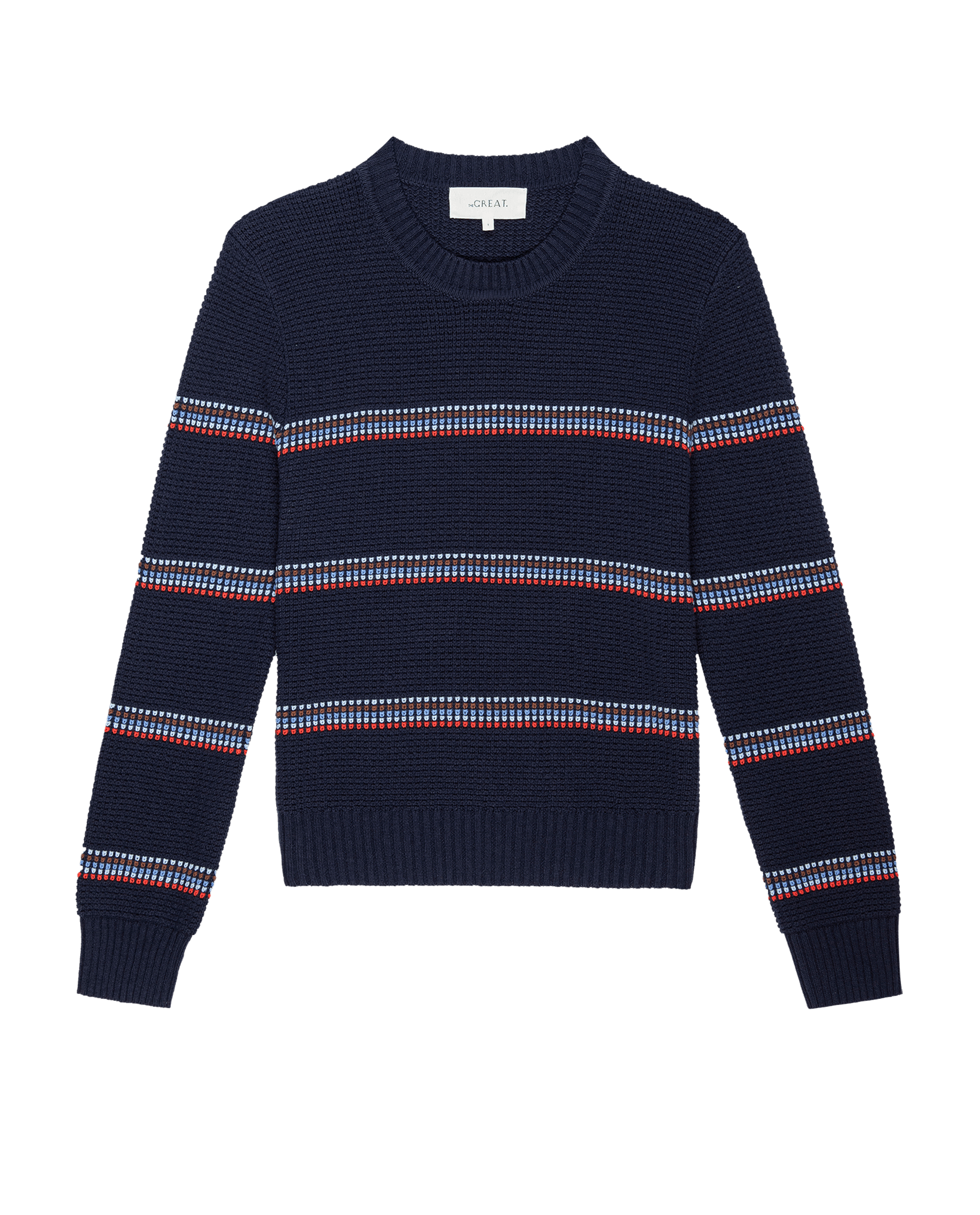 The Shrunken Pullover. -- Navy Ribbon Stripe SWEATERS THE GREAT. FALL 24 D1