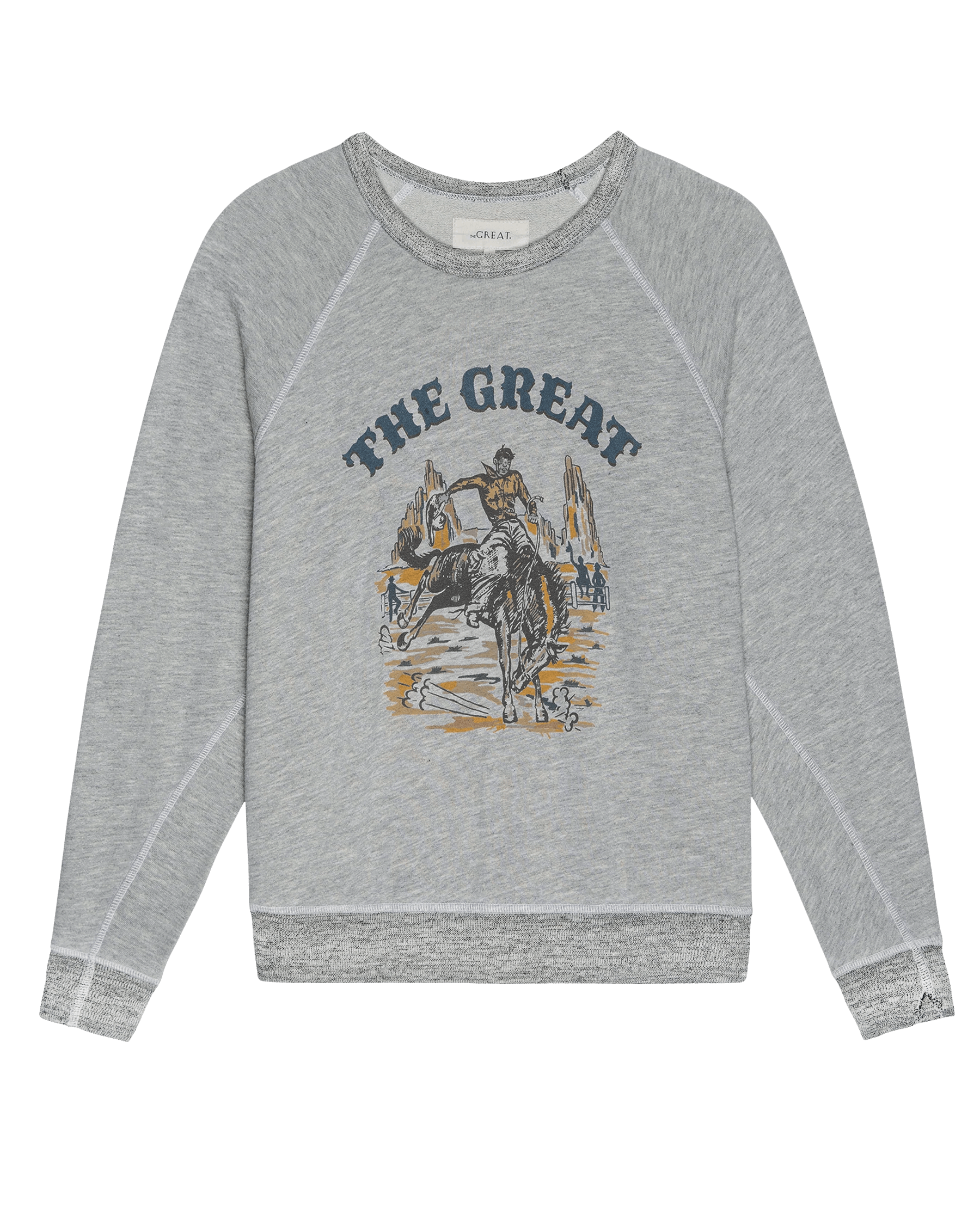 The College Sweatshirt. Graphic -- Soft Heather Grey with  Rodeo Graphic SWEATSHIRTS THE GREAT. FALL 24 D2