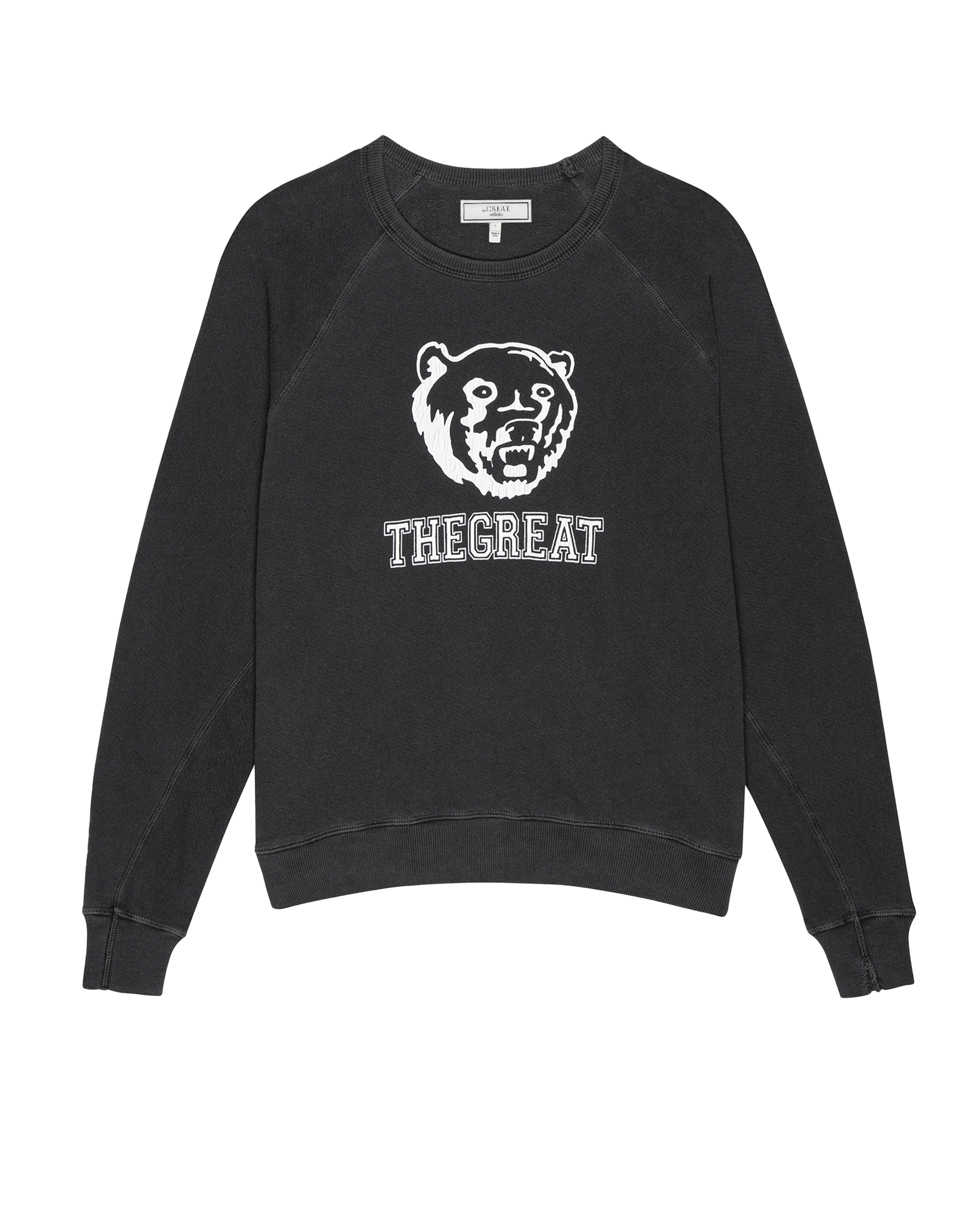 The College Sweatshirt. Graphic -- Washed Black with Bear Graphic SWEATSHIRTS THE GREAT. FALL 24 COLLECTORS