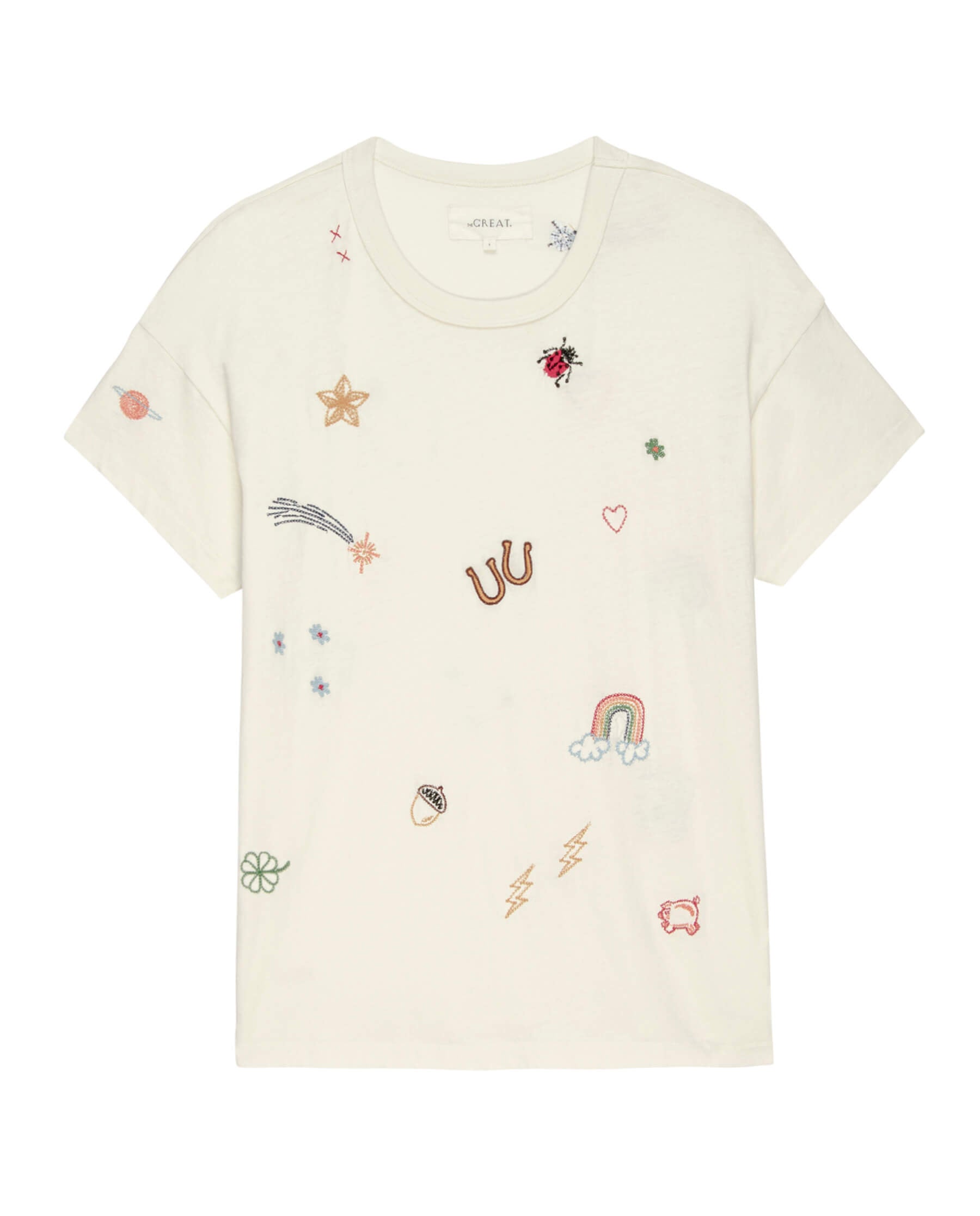 The Boxy Crew. Embroidered -- Washed White with Charm Embroidery TEES THE GREAT. SU24