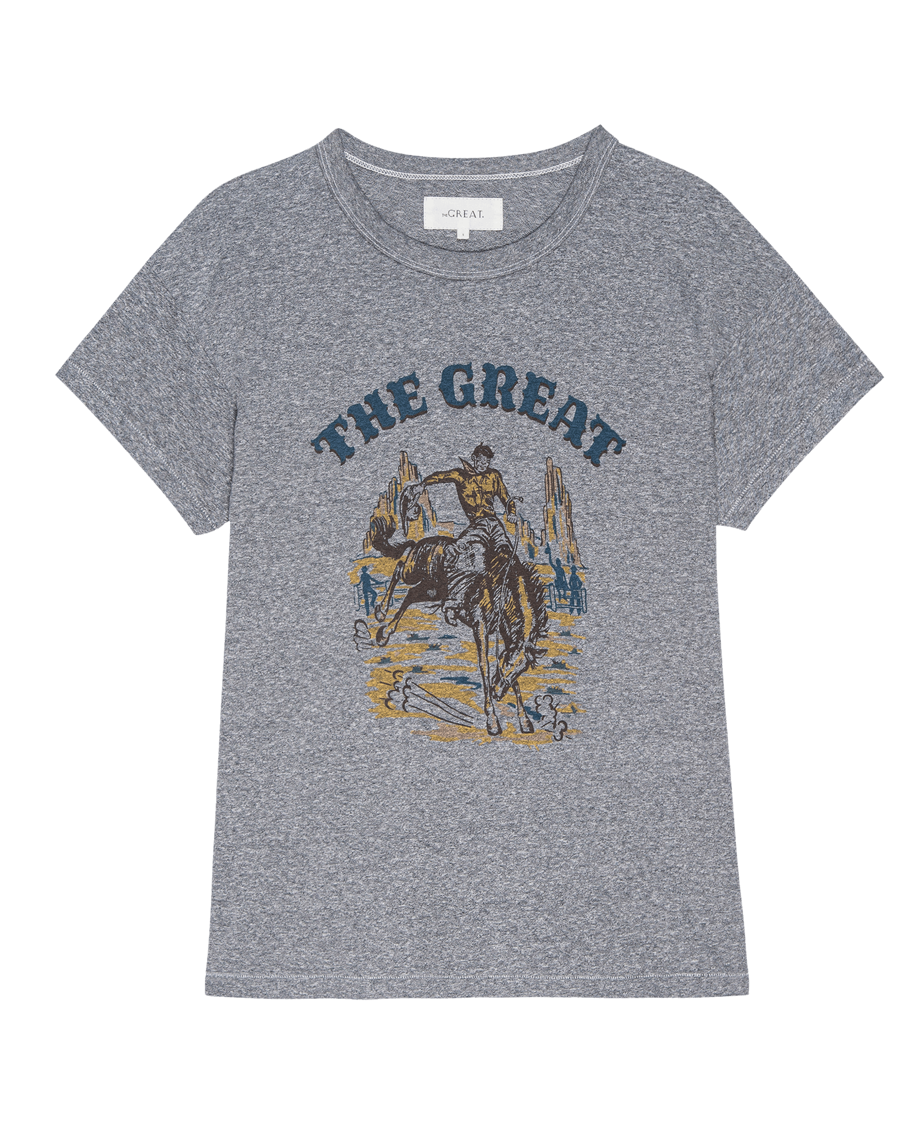 The Boxy Crew. Graphic -- Heather Grey with Rodeo Graphic TEES THE GREAT. FALL 24 D2