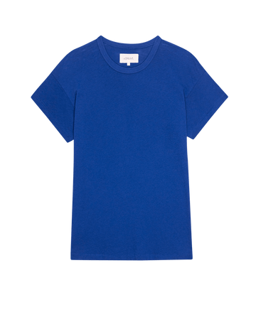 The Boxy Crew T-shirt by THE GREAT. SP25 KNITS in Bright Cobalt, ideal for casual wear, displayed on a white background.
