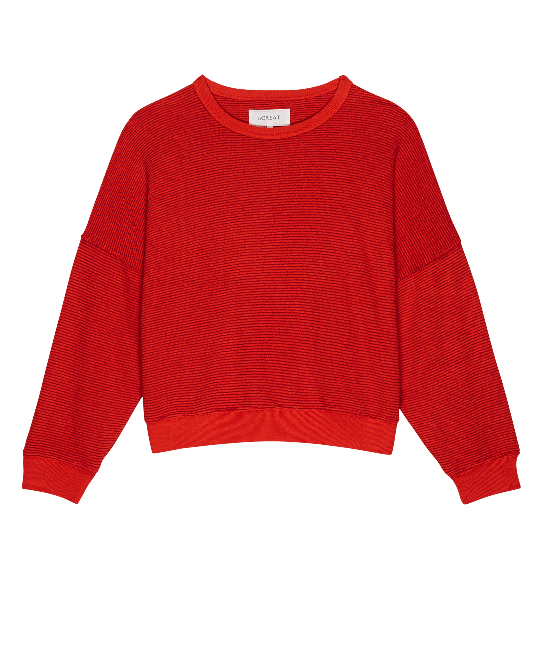 The Teammate Sweatshirt. Novelty -- Hot Red Overdyed Stripe SWEATSHIRTS THE GREAT. FALL 24 D1