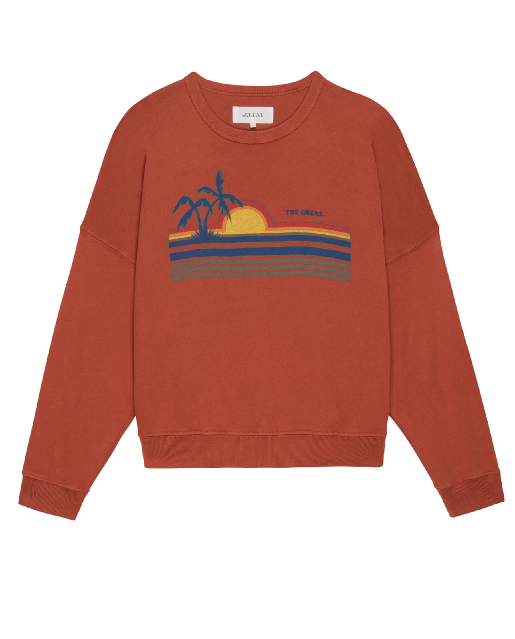 The Teammate Sweatshirt. Graphic -- Burnt Red with Sunset Graphic SWEATSHIRTS THE GREAT. SU24