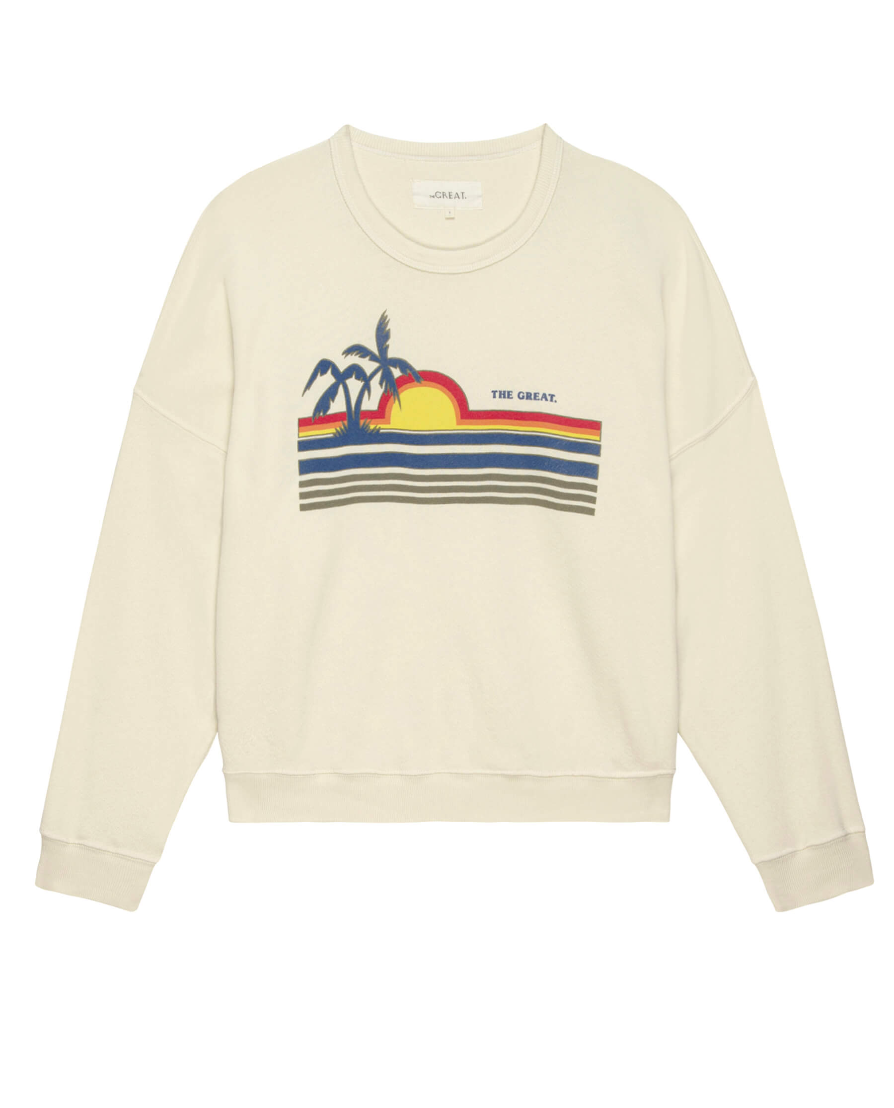 The Teammate Sweatshirt. Graphic -- Washed White with Sunset Graphic SWEATSHIRTS THE GREAT. SU24