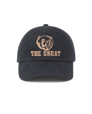 The Baseball Hat. Graphic -- Black by THE GREAT. F25 D1 ACCESSORIES features chainstitch embroidery of a bear head and "THE GREAT" in tan on the front, plus an adjustable back for comfort.