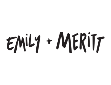 Handwritten-style text reading "Emily + Meritt" in black on a white background.