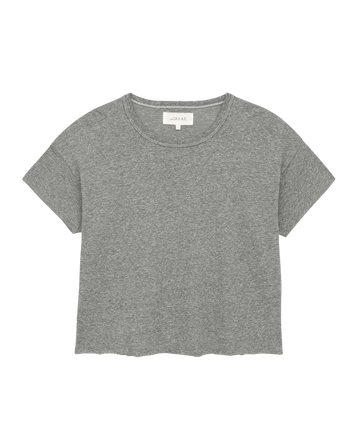 The Crop Tee in Heather Grey by THE GREAT. CORE KNITS features a short-sleeve, round neckline design crafted from super soft cotton, showcased against a white background.