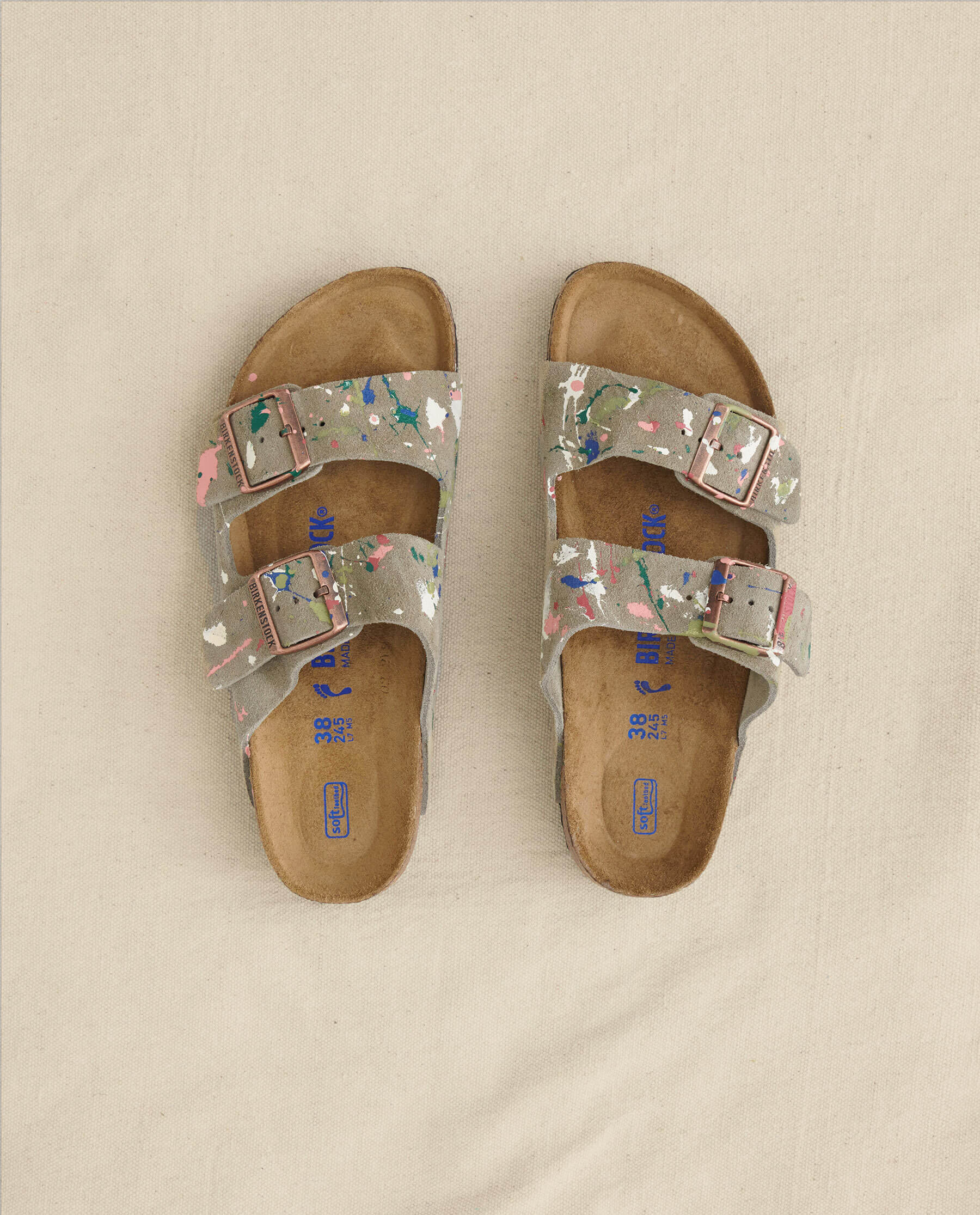 Arizona Taupe Birkenstock with Paint. -- Taupe with Bright Multi Paint SHOE THE GREAT. HOL 23 BIRKENSTOCK