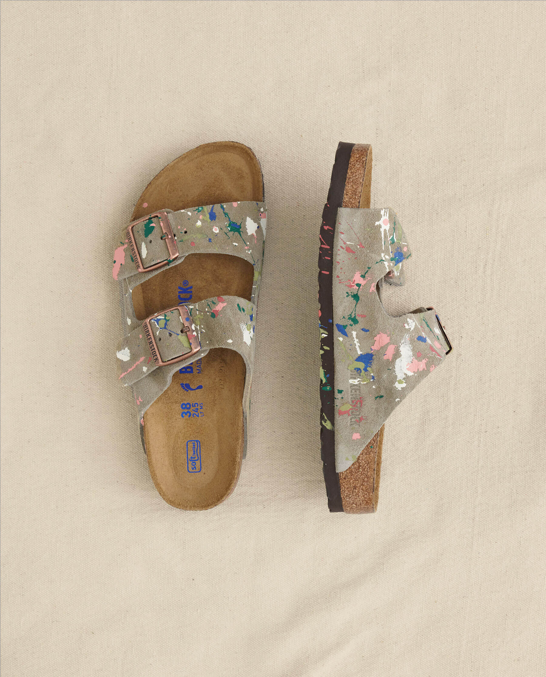 Arizona Taupe Birkenstock with Paint. -- Taupe with Bright Multi Paint SHOE THE GREAT. HOL 23 BIRKENSTOCK