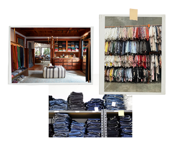 Interior of a colorful clothing store with neatly folded garments on shelves and racks, featuring various styles and fabrics.