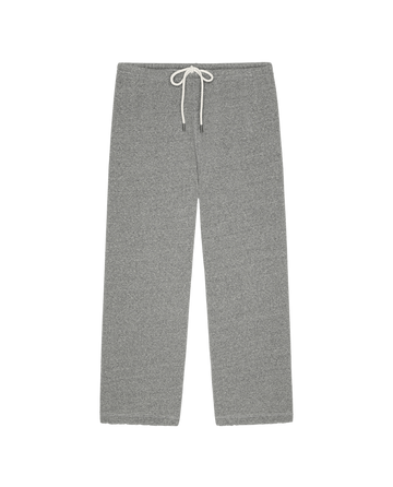 THE GREAT. F26 D1 “The Fleece Sport Sweatpant” in Dark Heather Grey, featuring a garment-washed finish, straight-leg silhouette, elastic waistband, and white drawstring, displayed laid flat on a white background.