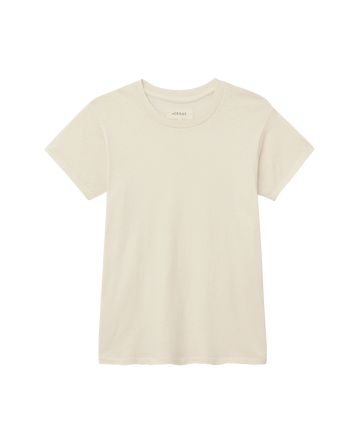 The Slim Tee. Solid -- Washed White by THE GREAT. CORE KNITS, a short-sleeved crew neck t-shirt, is shown against a white background.
