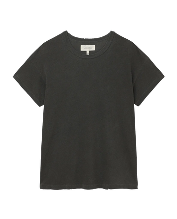 A plain black short-sleeve crew neck T-shirt named The Boxy Crew, Solid -- Washed Black by THE GREAT. CORE KNITS, made from 100% cotton and displayed on a white background.