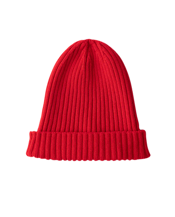 The Cashmere Hat in Bright Red by THE GREAT. HOL 22 D2 CASHMERE features a ribbed texture and a folded brim, crafted from a luxurious cashmere wool blend. It's perfect as part of a holiday gift set.