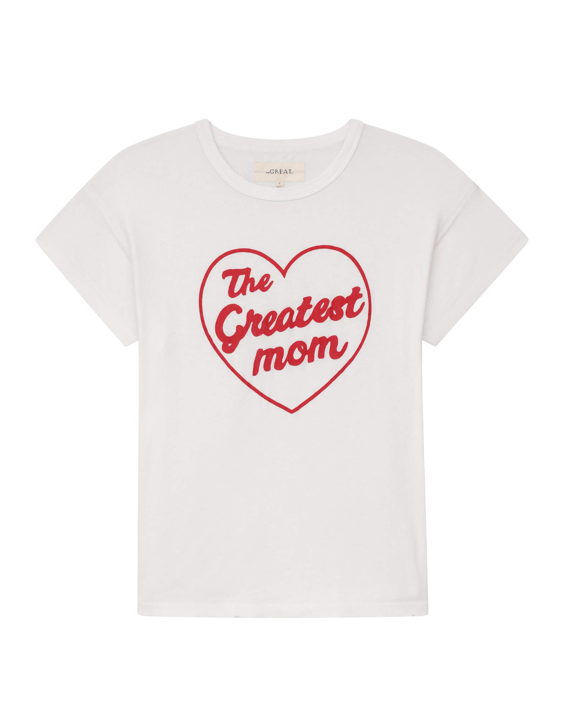 The Greatest Mom Boxy Crew. Graphic -- True White with Red TEES THE GREAT. SP24 MOM GRAPHICS