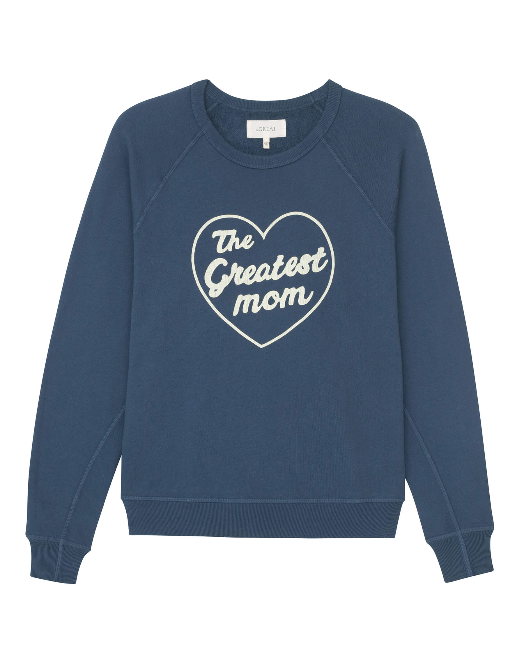 The Greatest Mom College Sweatshirt. Graphic -- Nautical Navy with Off White SWEATSHIRTS THE GREAT. SP24 MOM GRAPHICS