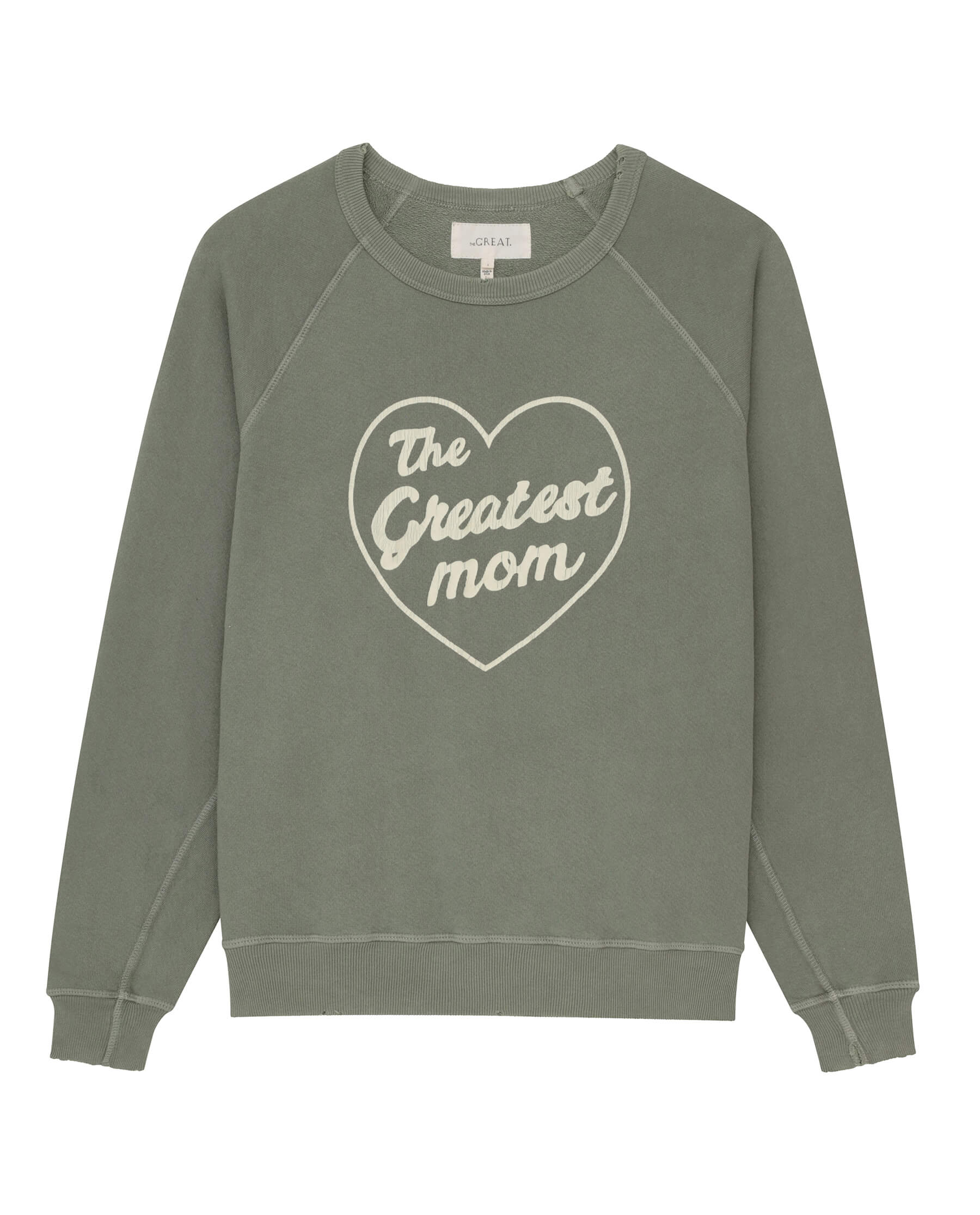 The Greatest Mom College Sweatshirt. Graphic -- Sweetgrass with Off White SWEATSHIRTS THE GREAT. SP24 MOM GRAPHICS