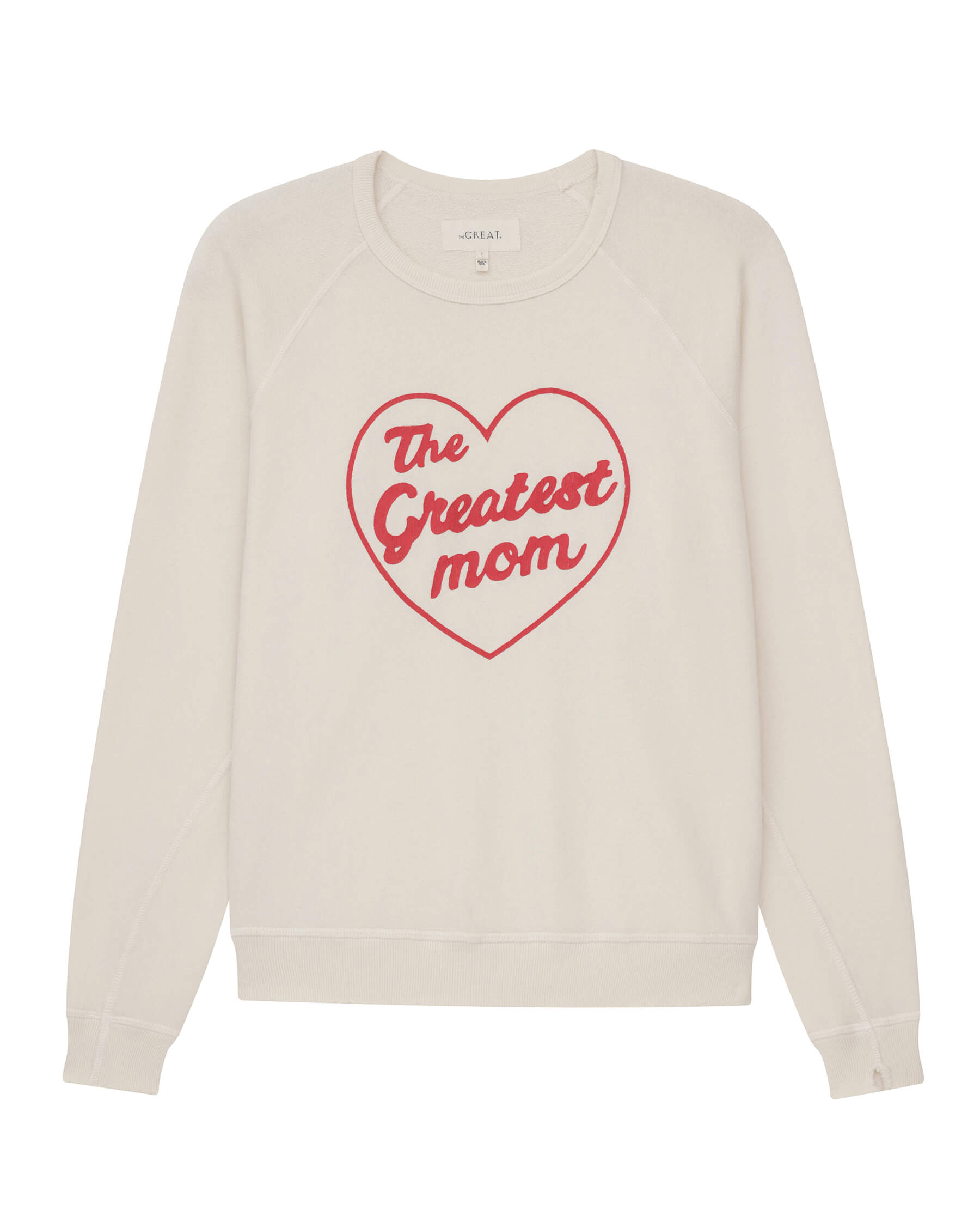 The Greatest Mom College Sweatshirt. Graphic -- Washed White with Red SWEATSHIRTS THE GREAT. SP24 MOM GRAPHICS