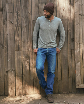 The Men's Slim Henley. -- Heather Grey TEES THE GREAT. HOL 22 MEN SALE