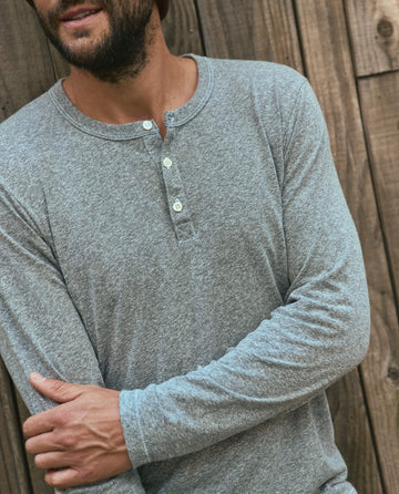 The Men's Slim Henley. -- Heather Grey TEES THE GREAT. HOL 22 MEN SALE