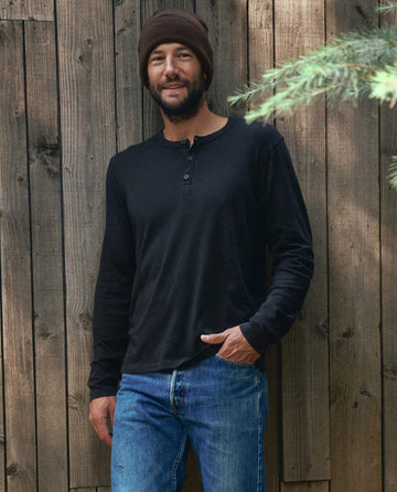 The Men's Slim Henley. -- Almost Black TEES THE GREAT. HOL 22 MEN SALE