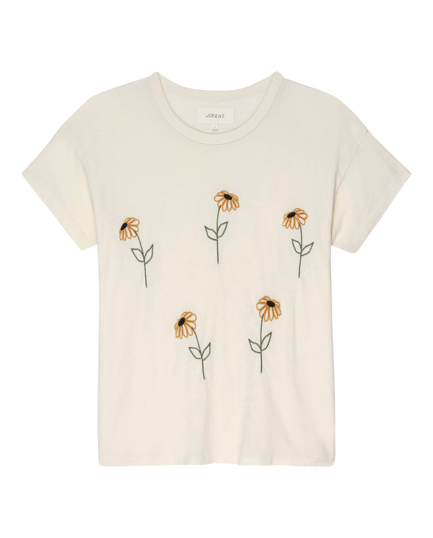 The Boxy Crew. Embroidered -- Washed White with Sunflower Embroidery