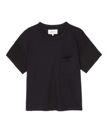The Pocket Tee in solid, almost black from THE GREAT. SP23 CORE KNITS features a small left-side pocket, a white label at the neckline, and is crafted from supersoft cotton for ultimate comfort.