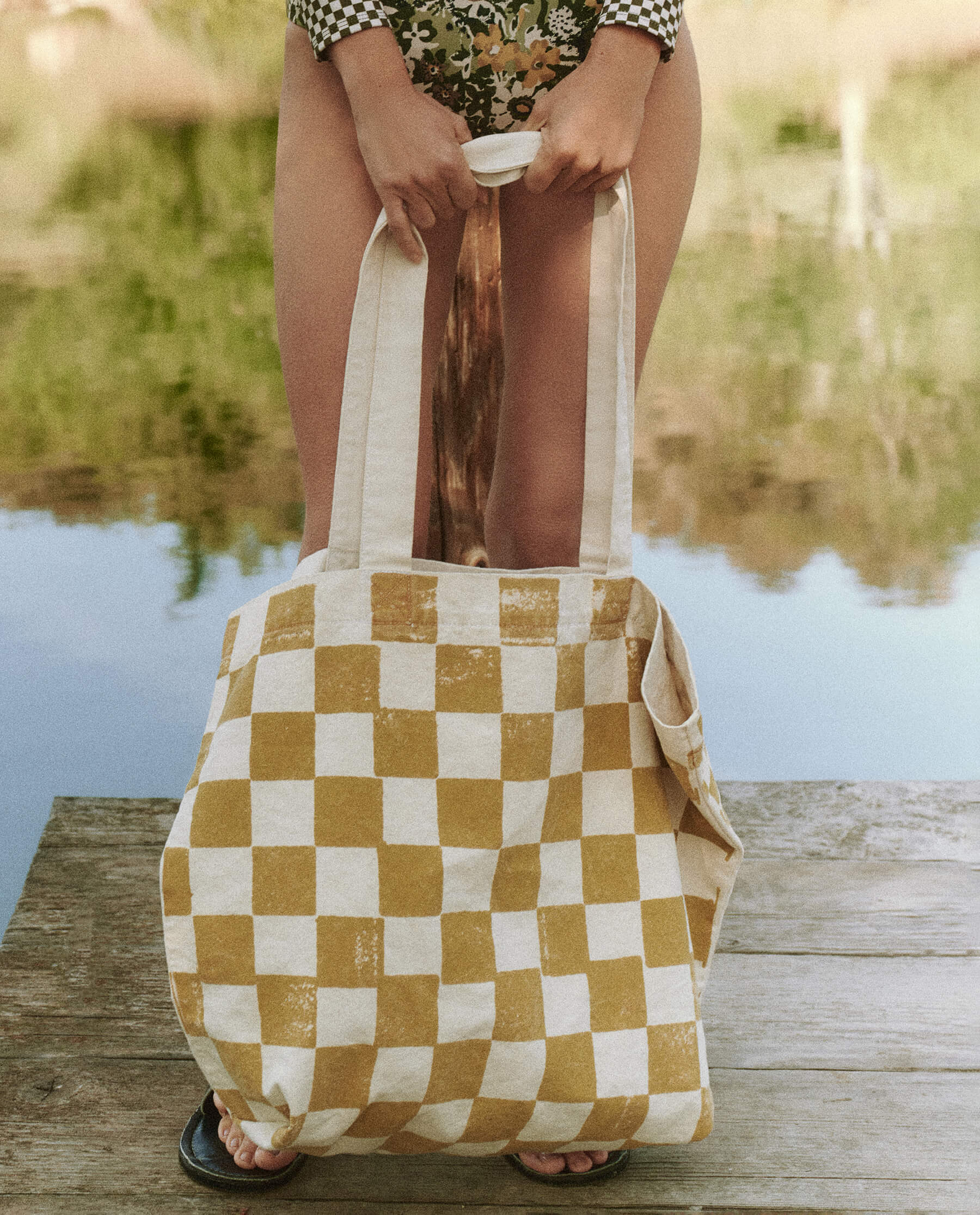 The Beach Tote. -- Cream with Citron Check Stamp TOTES THE GREAT. SP23 SWIM