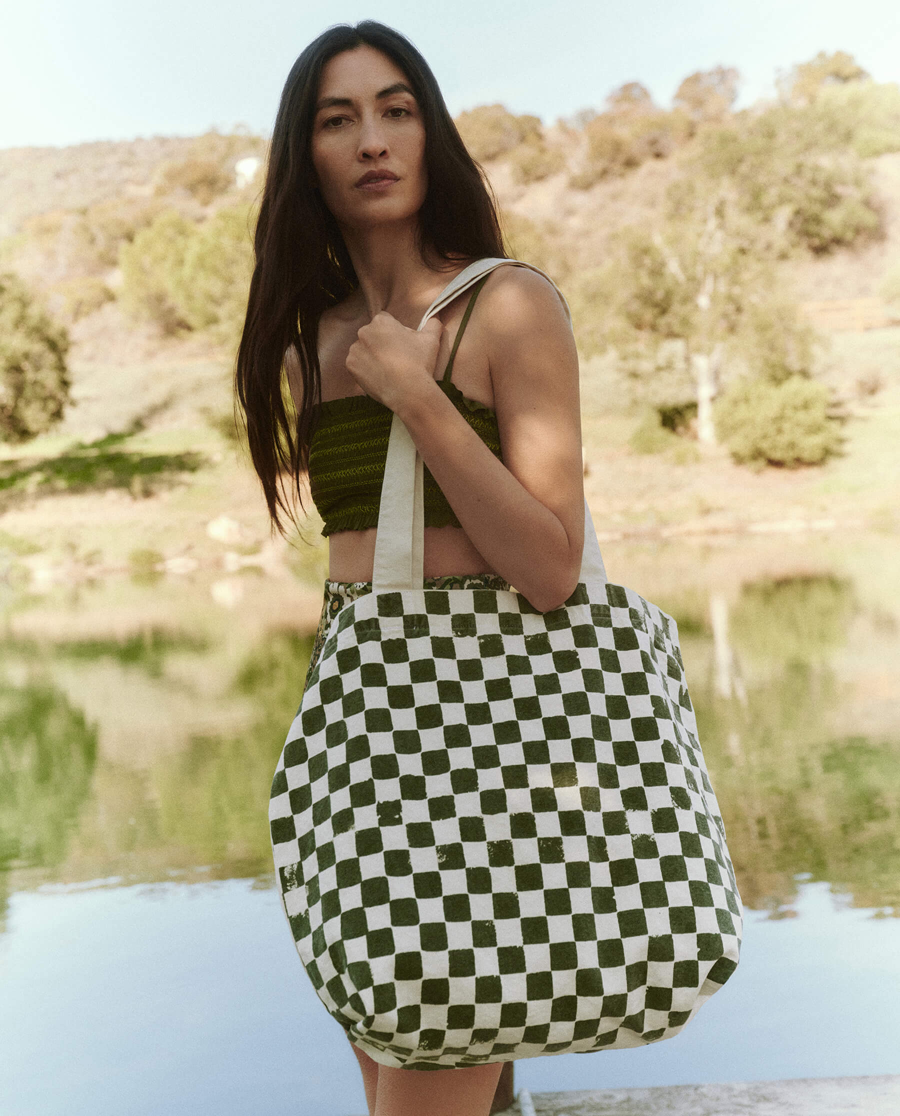 The Beach Tote. -- Cream with Army Check Stamp TOTES THE GREAT. SP23 SWIM