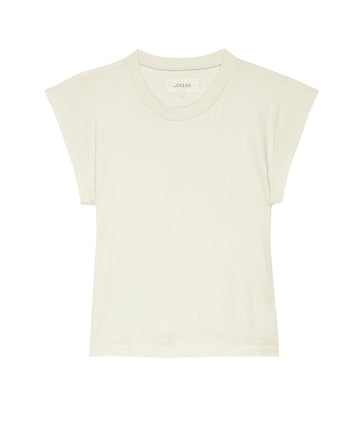 The Peak Shoulder Tee in Washed White by THE GREAT. FALL 22 KNITS is elegantly displayed against a white background, featuring short sleeves and a crew neck, making it perfect for pairing with high-waisted denim.