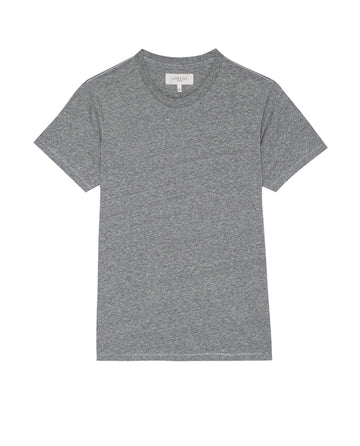 A classic staple, The Men's Boxy Crew in HEATHER GREY by THE GREAT. MAN is a plain gray crew neck cotton tee with short sleeves, made in the U.S.A., displayed against a white background.
