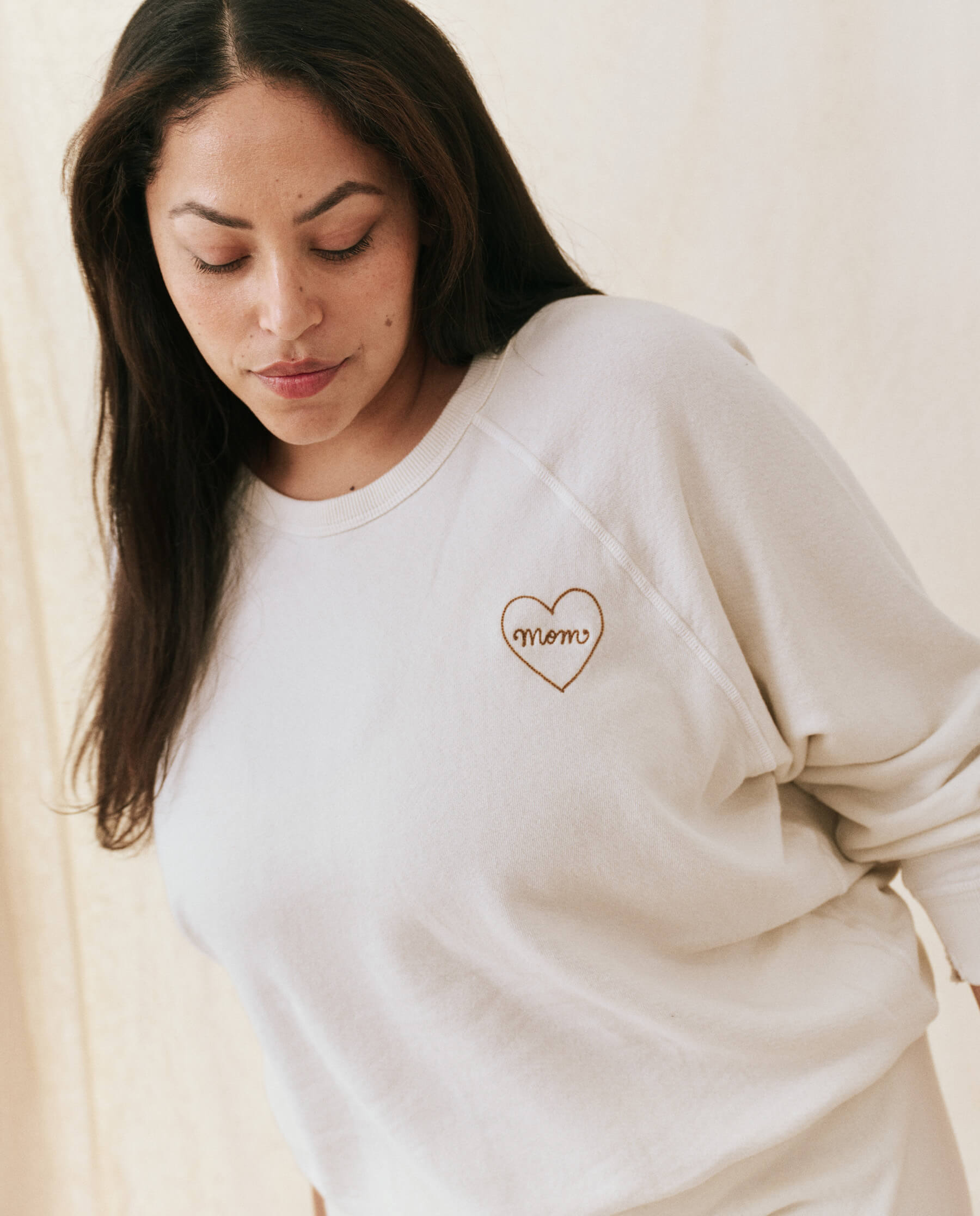 The Mom Embroidered College Sweatshirt. -- Washed White with Spice