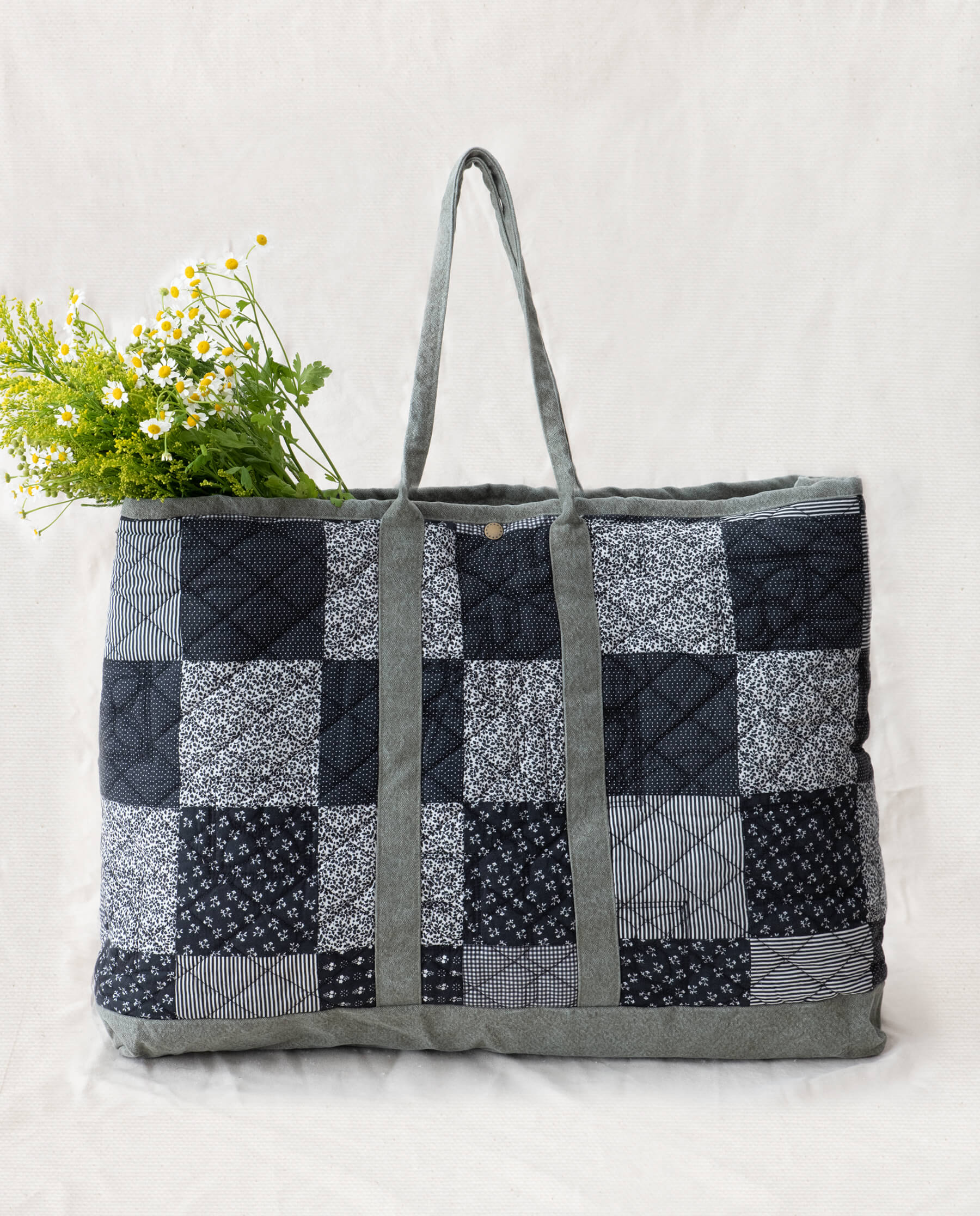 The Big Quilted Tote. -- Army with Black and White Print