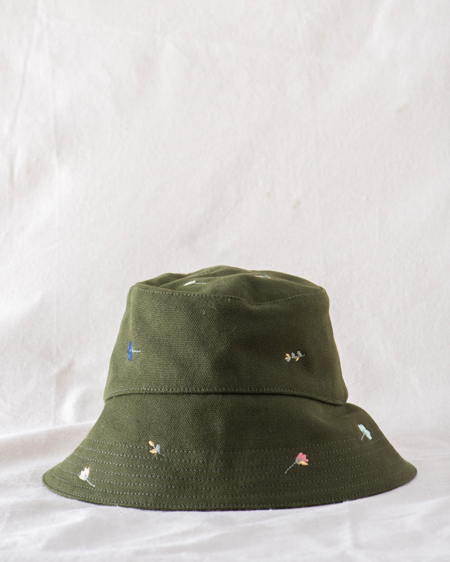 The Bucket Hat. -- Army with Tossed Floral Embroidery
