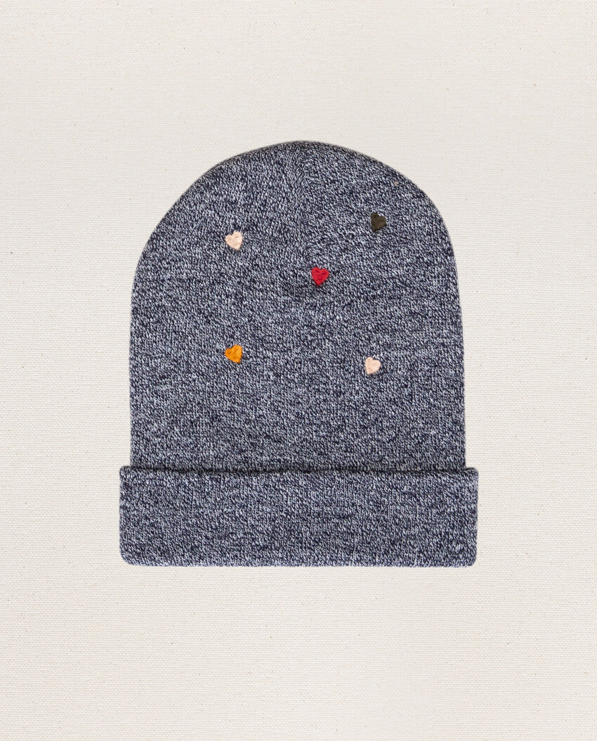 The Embroidered Beanie. -- Heather Navy Heart
