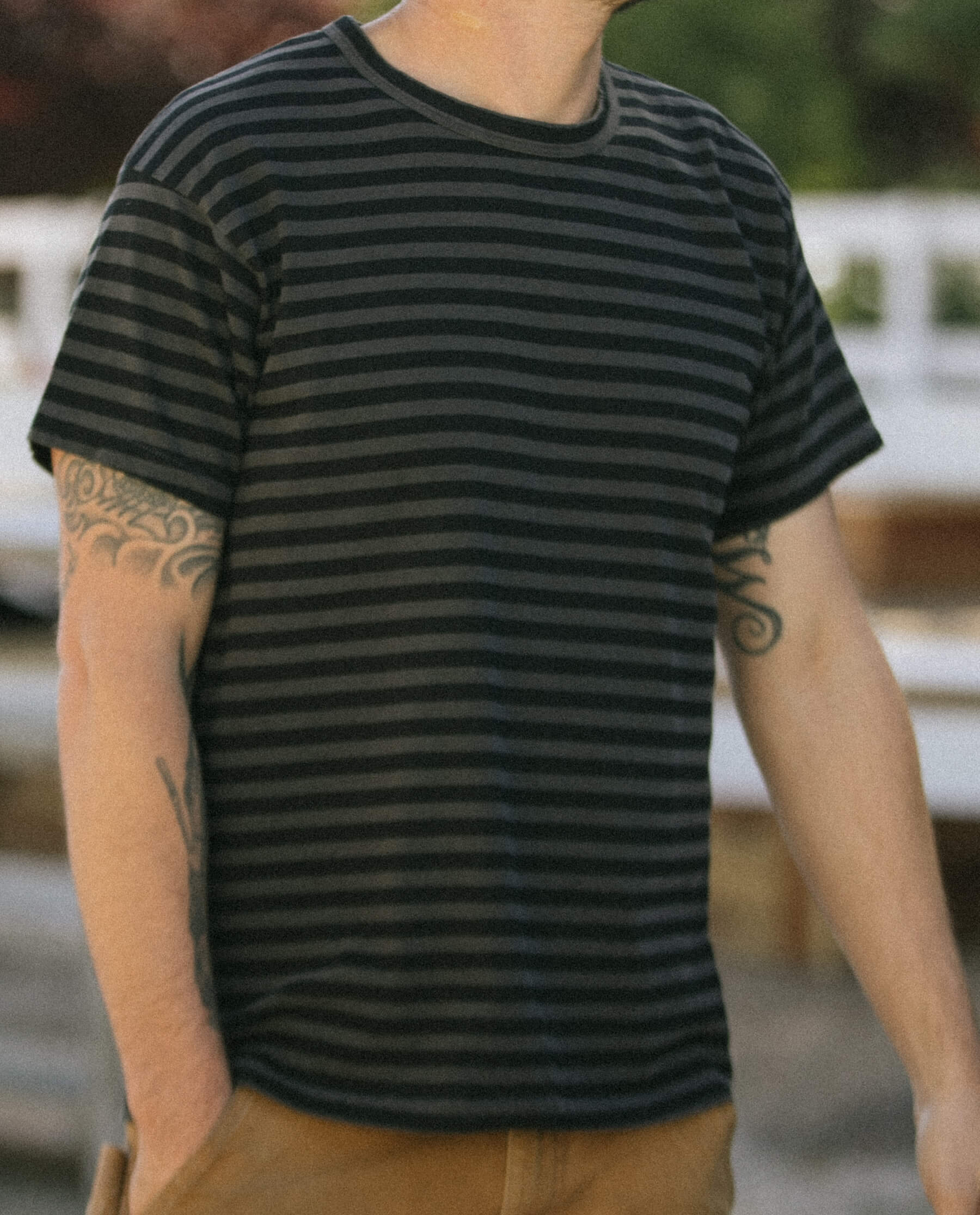The Men's Boxy Crew. -- Black and Charcoal Stripe TEES THE GREAT. SU22 MENS