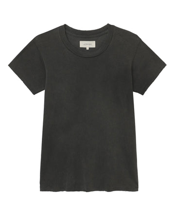 A plain washed black short-sleeve T-shirt, known as The Slim Tee, featuring a round neckline and made from 100% cotton by THE GREAT. CORE KNITS, displayed on a white background.