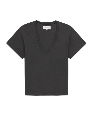 The V-Neck Tee in Washed Black by THE GREAT. SP22 APRILCAP, featuring short sleeves and a boxy fit, displayed against a white background.